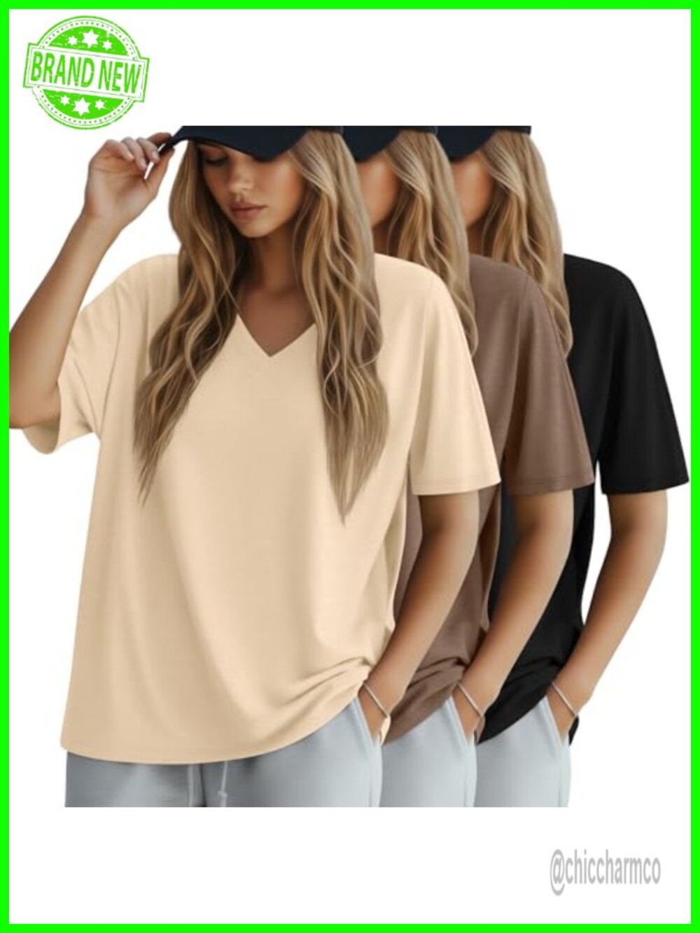 Oversized Cotton V Neck T Shirt Loose Fit Half Sleeve Summer Top 3 Pack